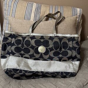Coach navy  and Silver Signature Tote